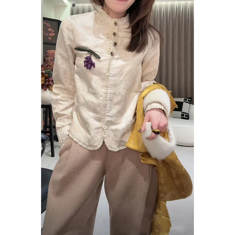 新中式国风女装花边上衣2024秋冬新款高级感复古提花时尚百搭外套