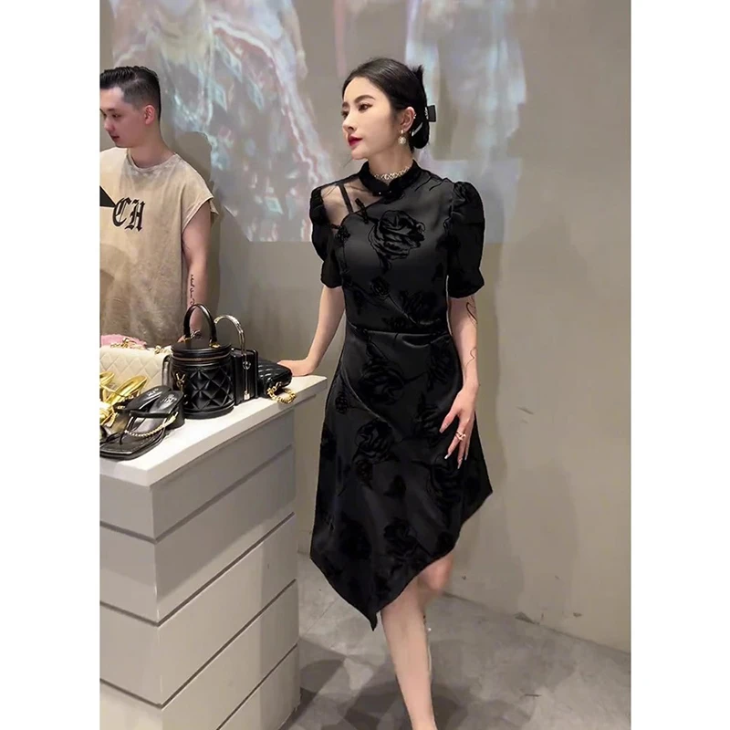 新中式国风改良旗袍年轻款高级感高端轻奢气质盘扣黑色连衣裙子夏