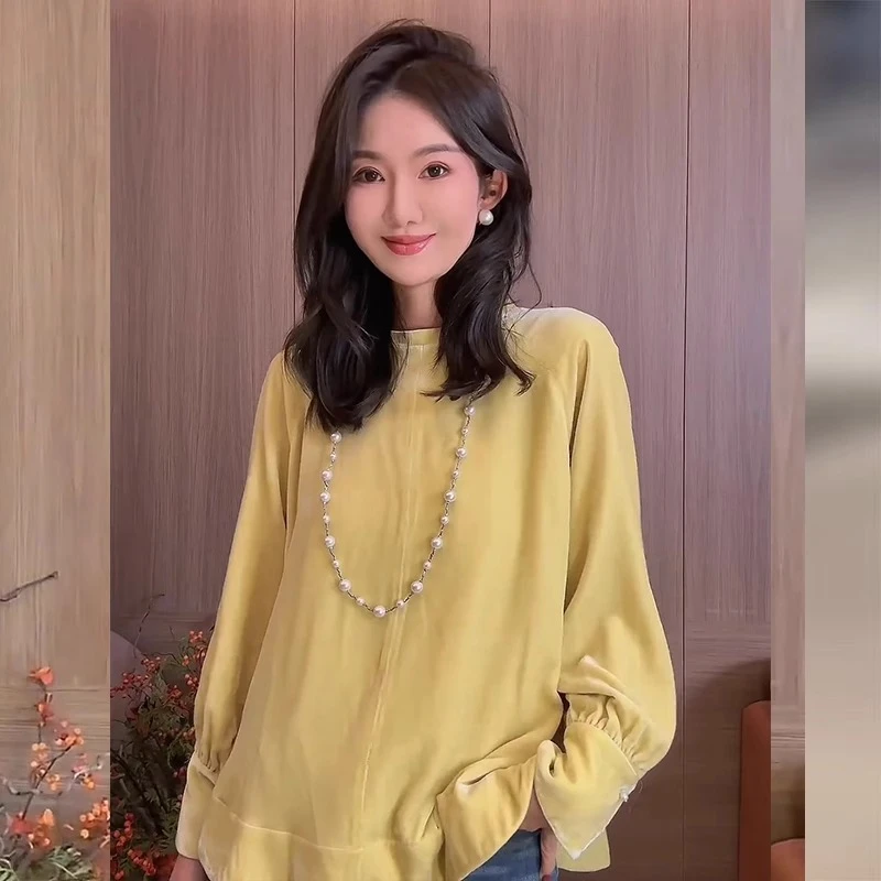 新中式国风女装丝绒上衣2024秋冬新款高级感复古黄色内搭打底小衫