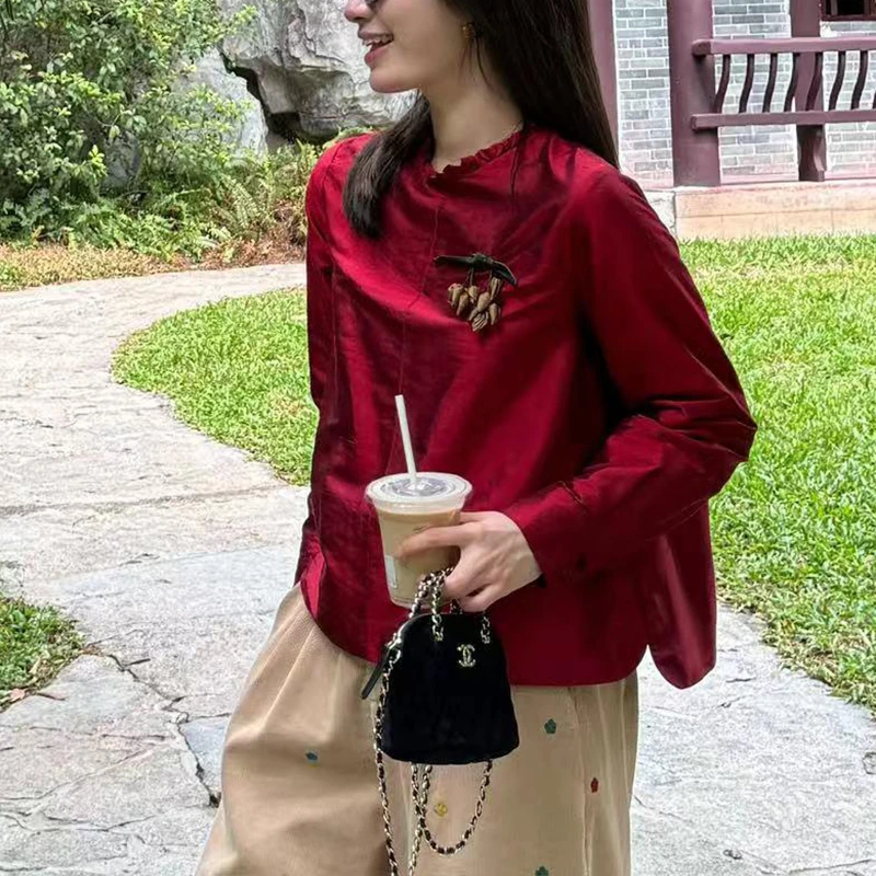 新中式中国风红色内搭上衣女装秋季2024新款今年流行漂亮打底衬衫