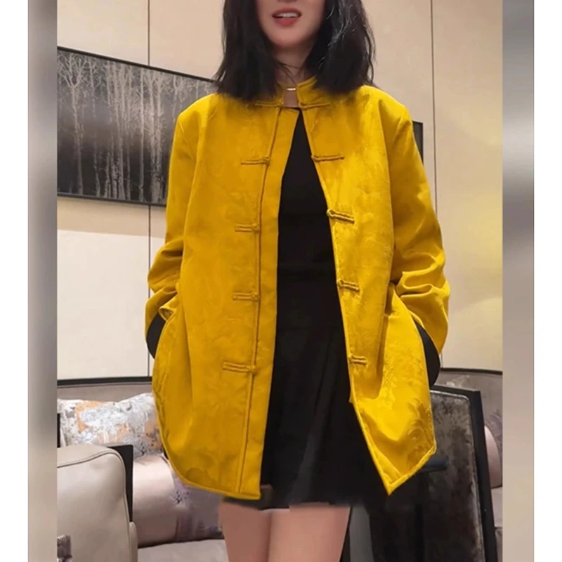 新中式国风女装唐装盘扣上衣2024春秋新款高级感复古宽松黄色外套