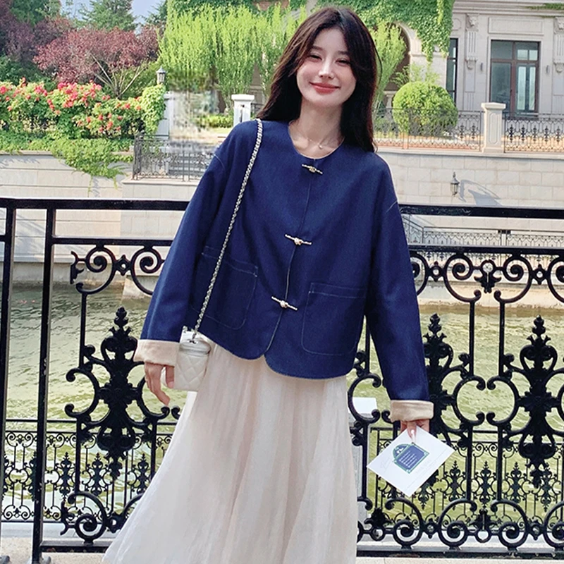 新中式国风女装盘扣上衣2024秋季新款复古小个子宽松蓝色短款外套
