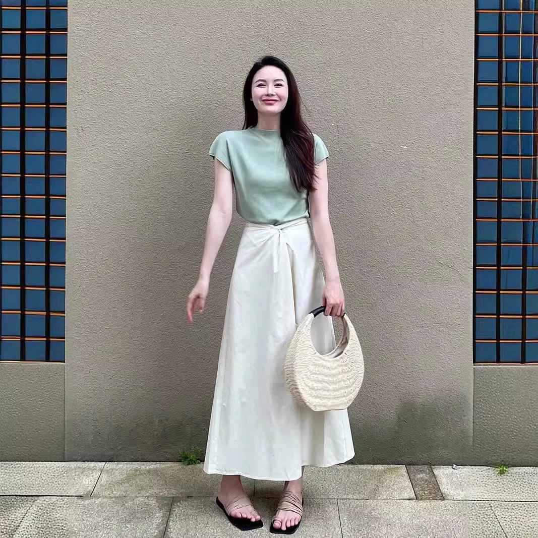 夏装搭配一整套温柔系炸街奶乖绿色短袖扭结半身裙气质两件套装女