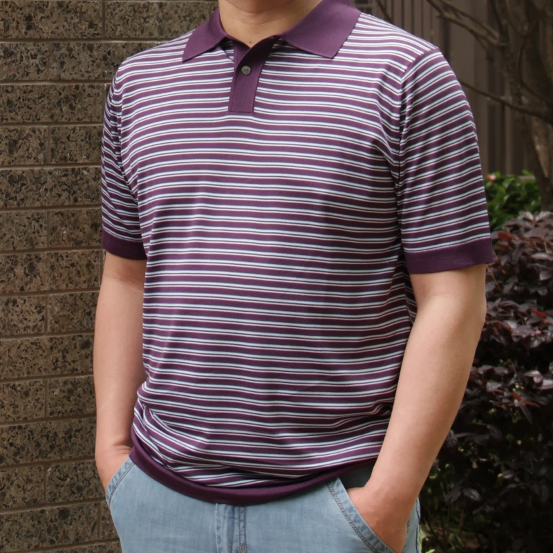 高端品牌26%男桑蚕丝针织短袖翻领T恤海洋条纹夏透气宽松大码休闲