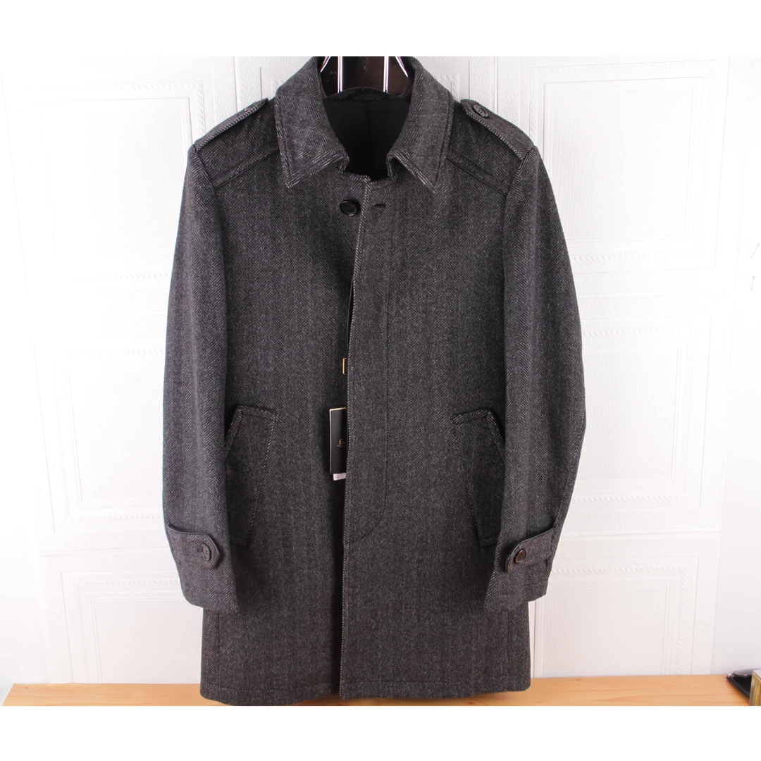 ENTICA/安迪卡羊绒羊毛人字纹呢子男外套商务冬季加厚休闲中长款