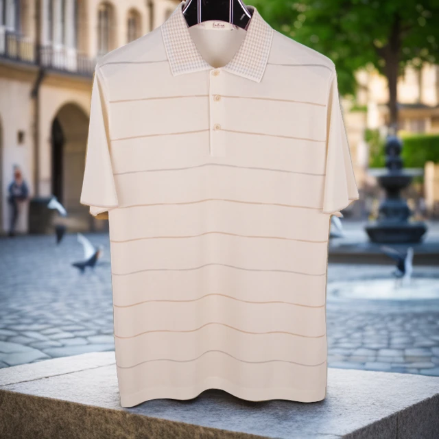 品牌高端桑蚕丝中老年男士短袖条纹海洋系夏翻领针织透气商务宽松