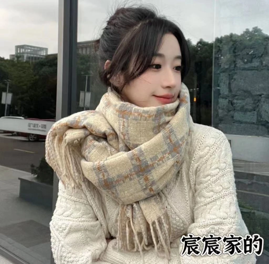 2023学生百搭时尚小香风格子流苏围巾女秋冬韩版披肩保暖围脖网红