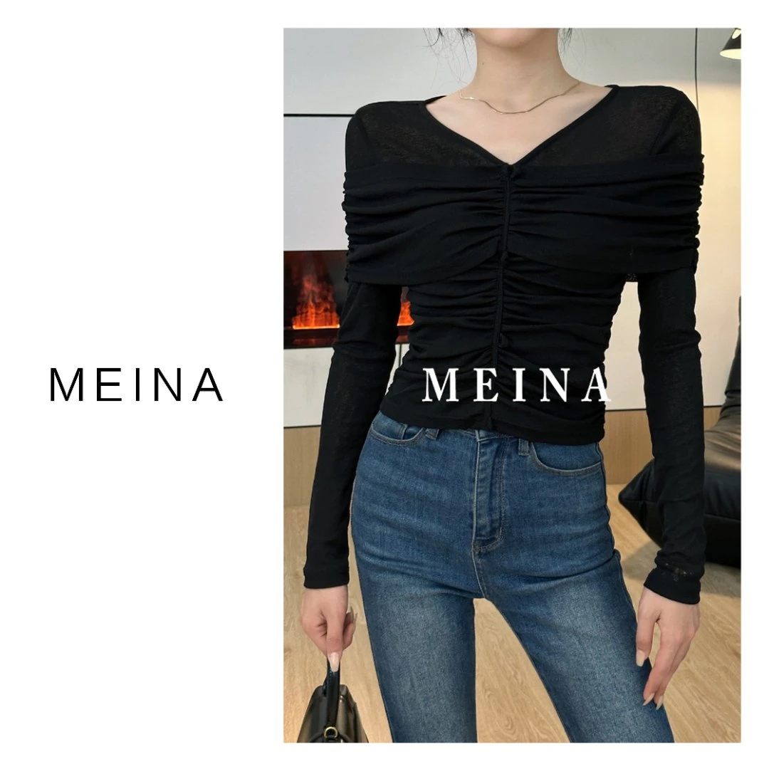 MEINA【巴黎新贵】气质V领波纹捏褶显瘦百搭上衣春时尚修身针织衫