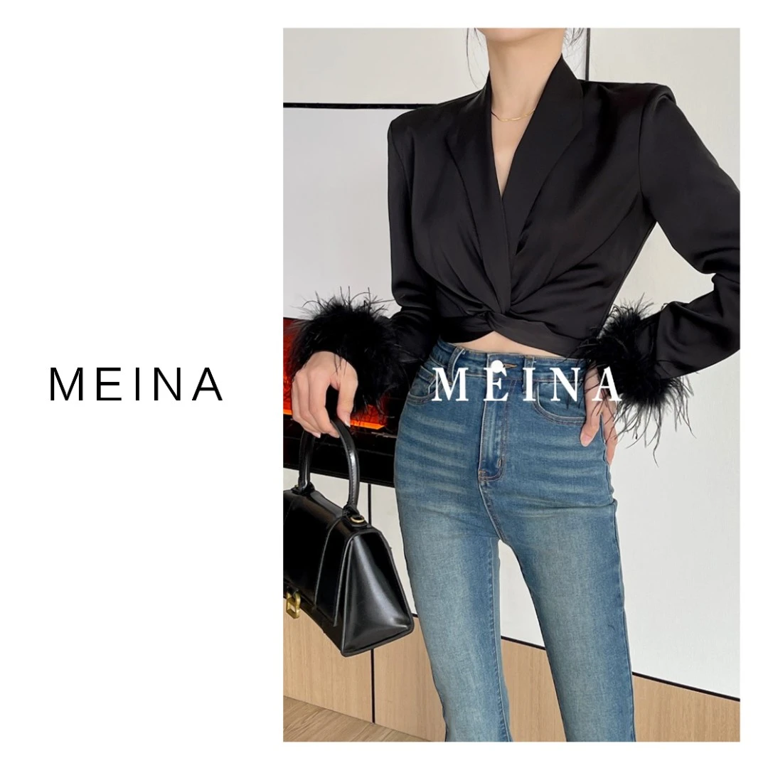 MEINA【豪门千金】早春气质名媛带毛毛袖子黑色时尚显瘦衬衣上衣