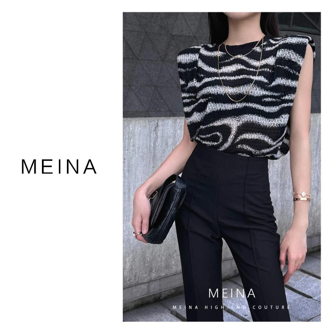 MEINA【斑驳陆离】夏季百搭波浪纹显瘦上衣圆领短袖斑马纹打底衫