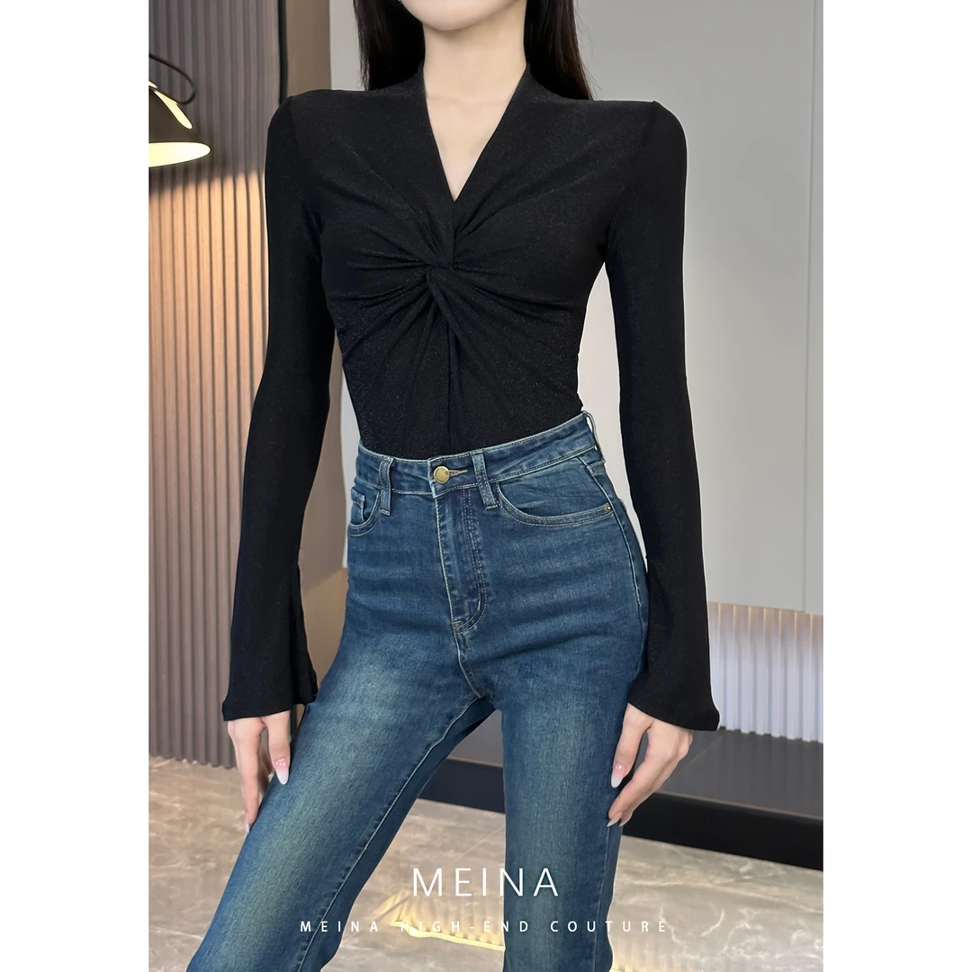 MEINA【伦萨风采】早秋法式黑色V领长袖百搭针织衫气质设计感上衣
