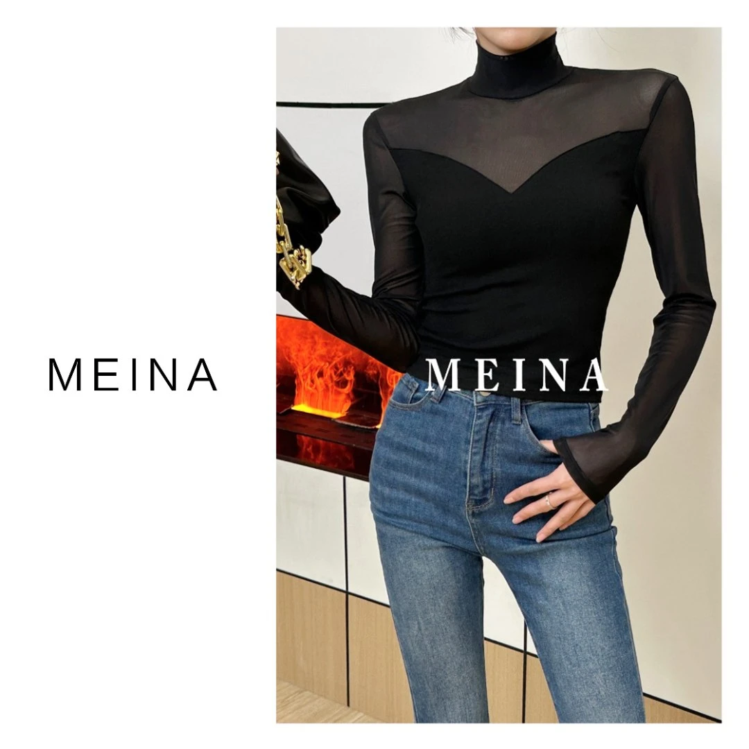 MEINA【洛城迷影】网纱拼接设计高领2023春新款气质修身毛针织衫
