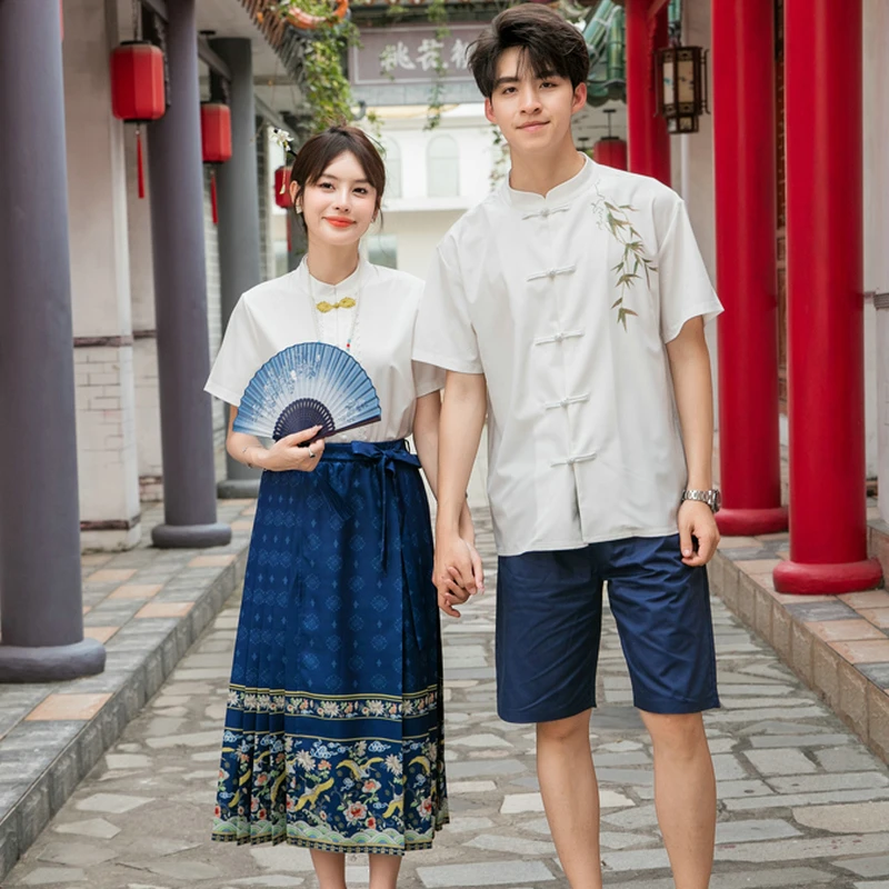 中国风情侣装夏装2024新款短袖古风汉服国潮t恤马面裙半袖复古女