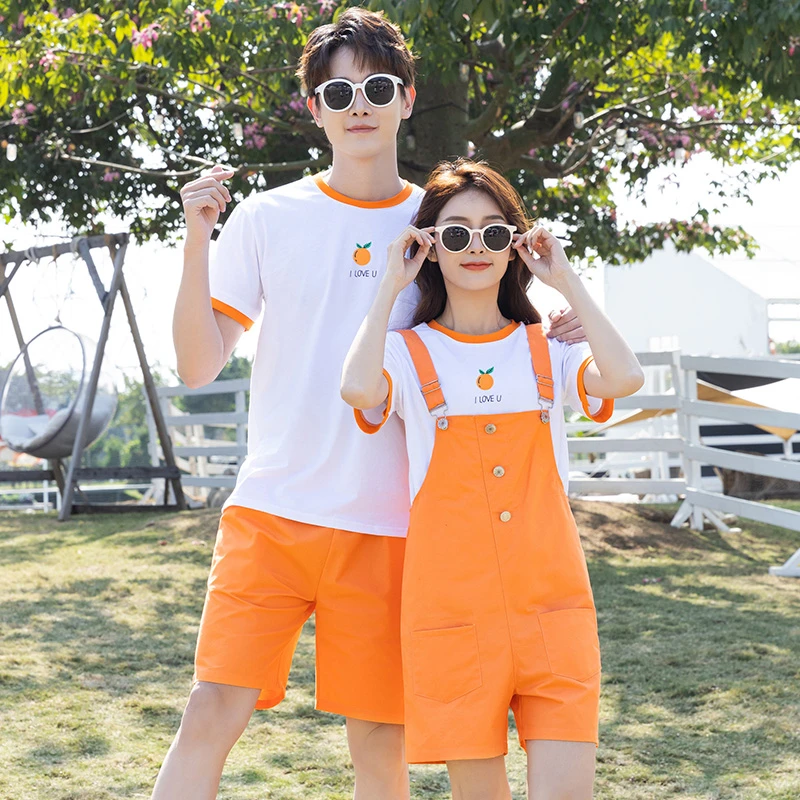夏季清凉情侣装背带裤女款短袖t恤衫小清新衣服蜜月夏天旅游套装