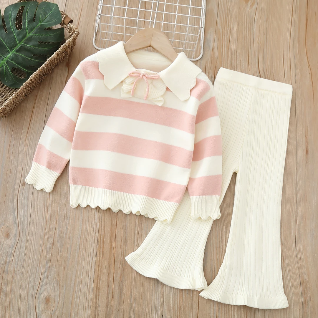 2024儿童毛衣秋季新款女宝喇叭裤套装条纹打底女宝宝打底针织衫
