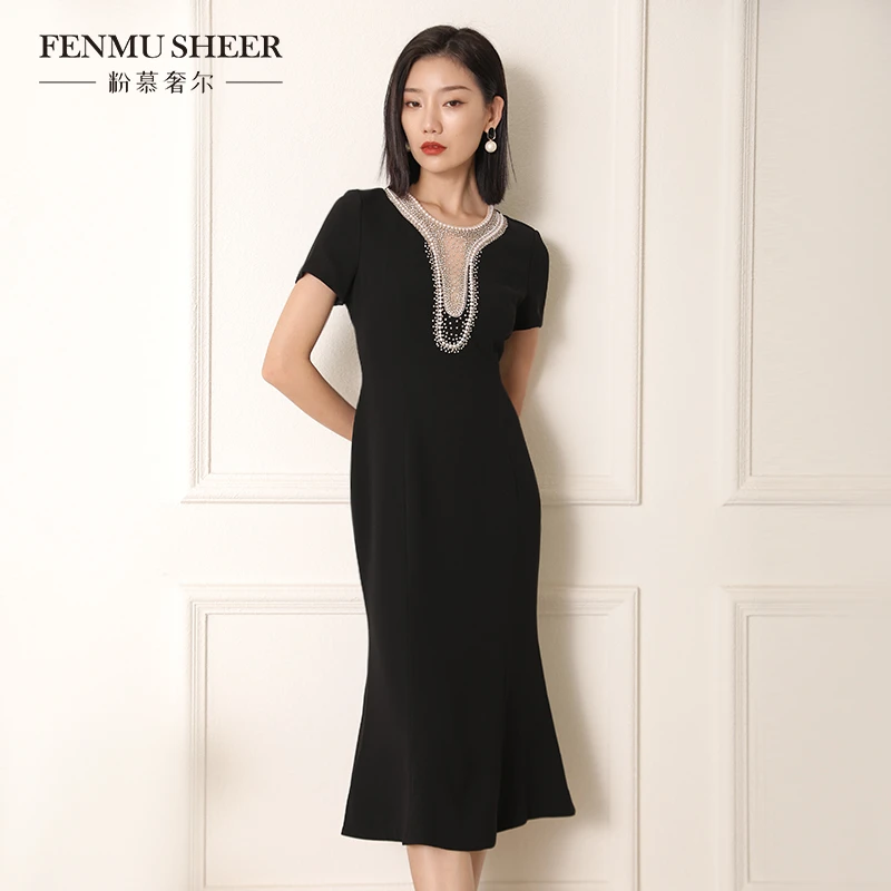 【丽公主专属】粉慕奢尔『璀璨星河』三醋酸钉珠镶钻鱼尾连衣裙-D1528