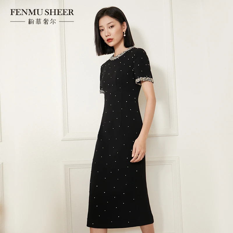 【丽公主专属】粉慕奢尔「满天星」三醋酸重工镶钻收腰连衣裙D1356