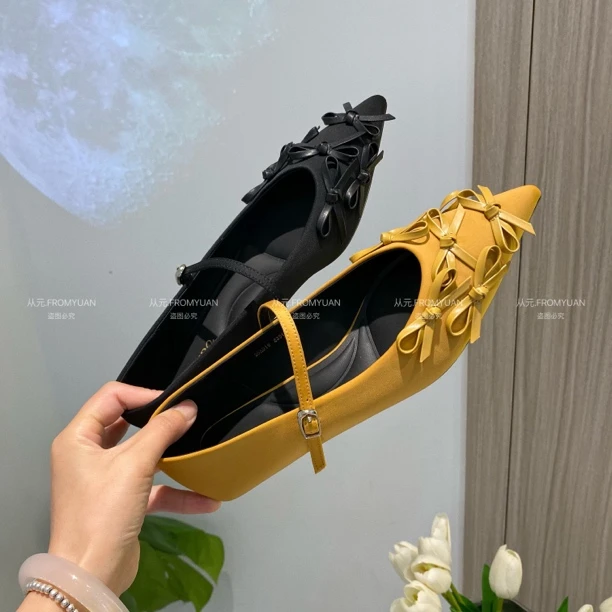 YD26A018蝴蝶结尖头平底鞋女鞋气质单鞋一字带浅口时尚跟鞋女士