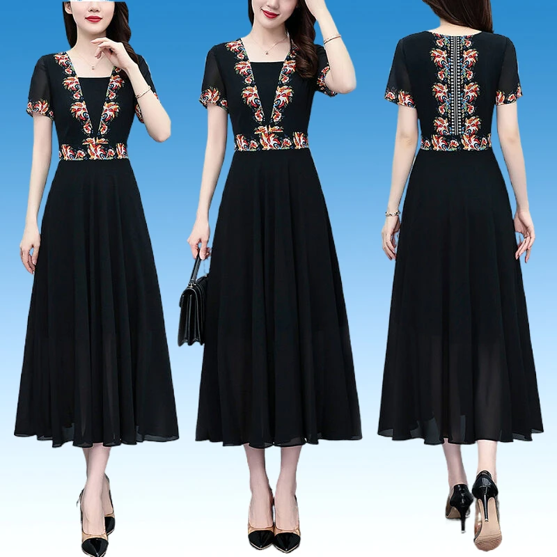 雪纺连衣裙女夏季新款时尚中年妈妈装收腰修身显瘦遮肚碎花长裙子