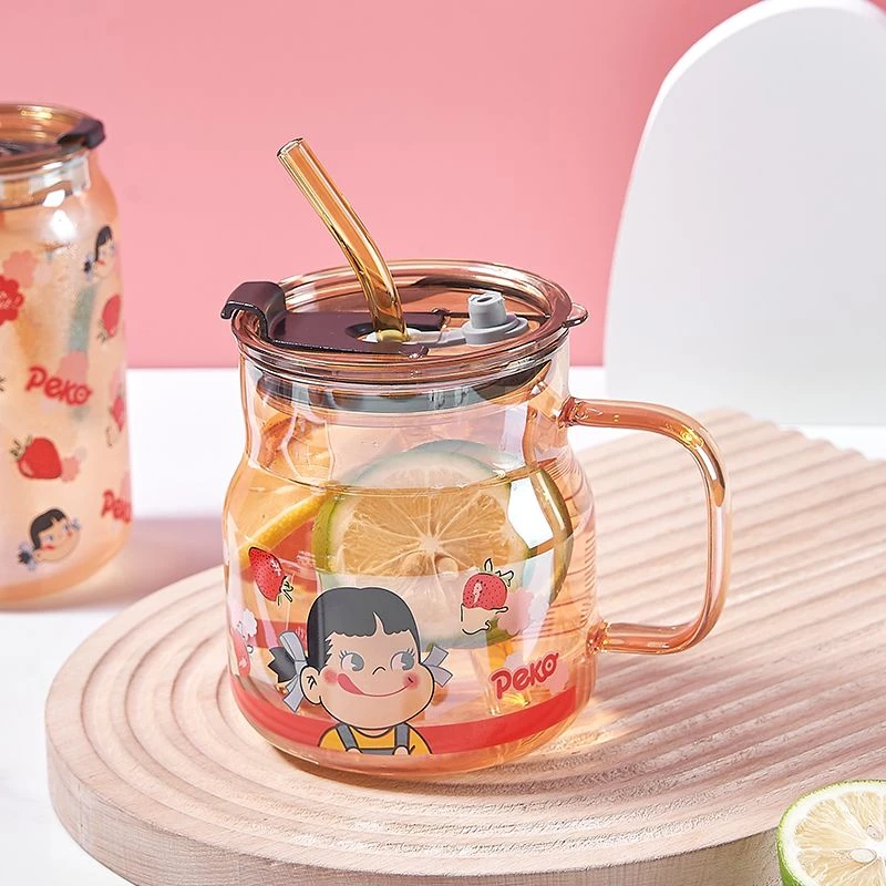 ins冲泡耐热玻璃吸管杯双饮杯大容量奶杯卡通喝水杯洋气牛奶杯子k