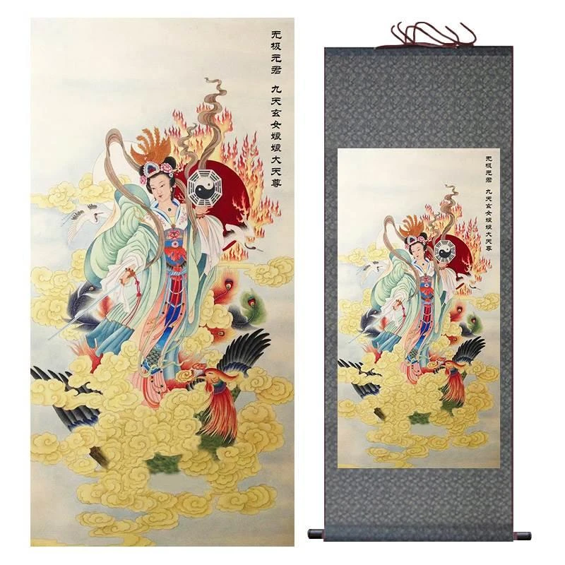 挂。人物画仙字人画九天玄女画像画母尊玄娘娘卷轴画绸丝画装3081