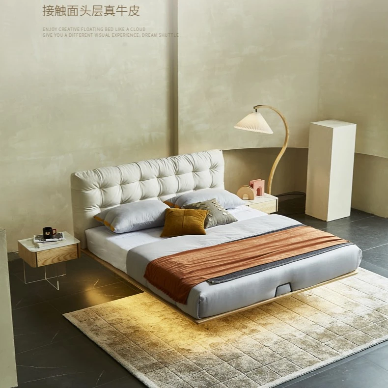 北欧简约风主卧床新款悬浮床科技布软包真皮床轻奢双人矮床方形