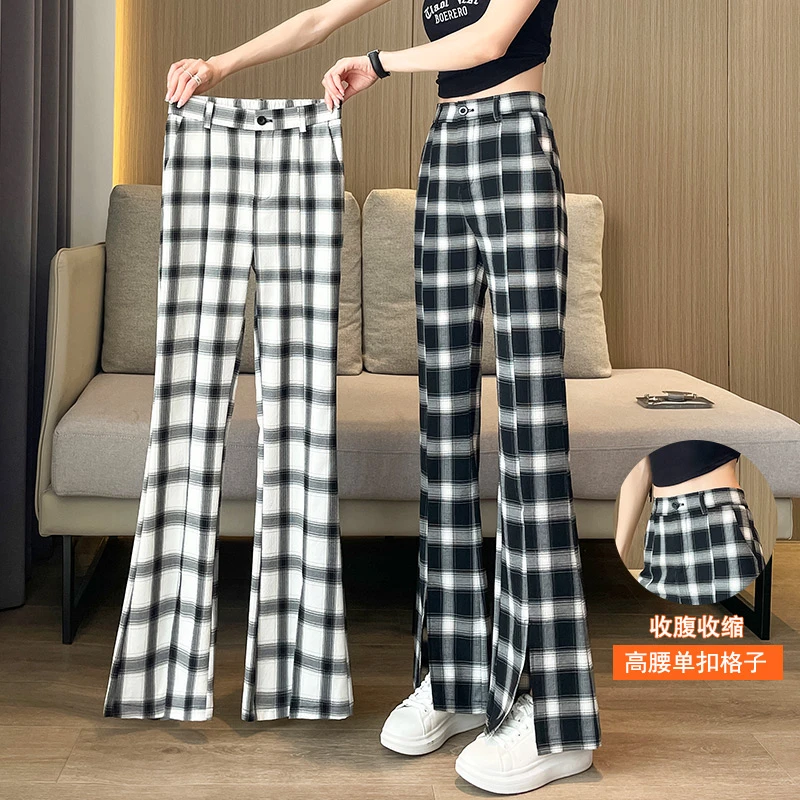格子开叉喇叭裤子女夏季薄款2025新款窄版冰丝阔腿直筒休闲微喇裤