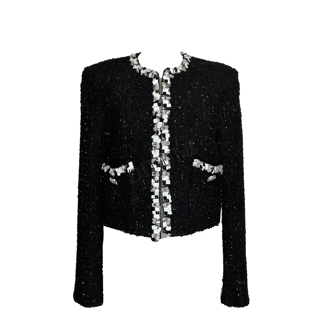 618福利031设计师轻奢时尚黑色名媛秋冬秋季镶钻小香外套