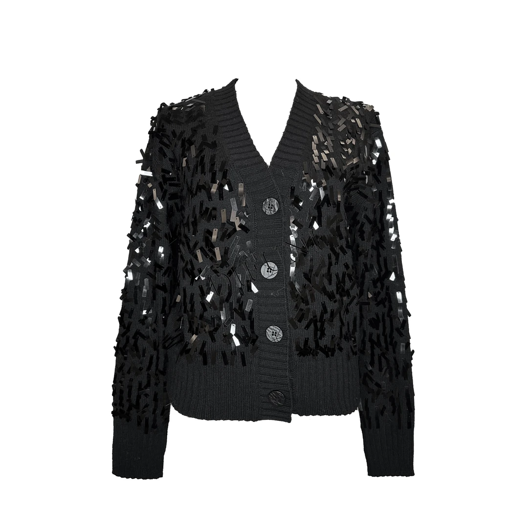 设计师秋冬小香风气质轻奢时尚黑色拼接亮片上衣外套   X1770