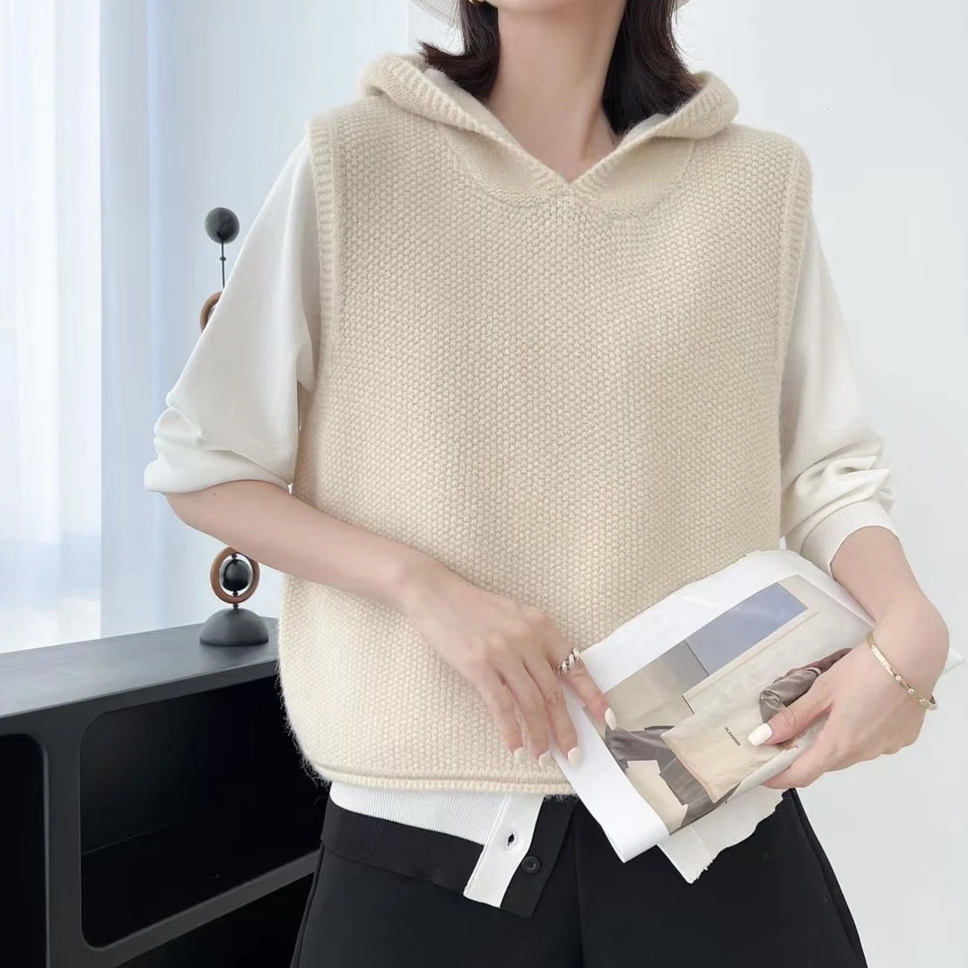 复古连帽坎肩针织衫马甲开衫女短款外穿2023新款宽松无袖毛衣外套