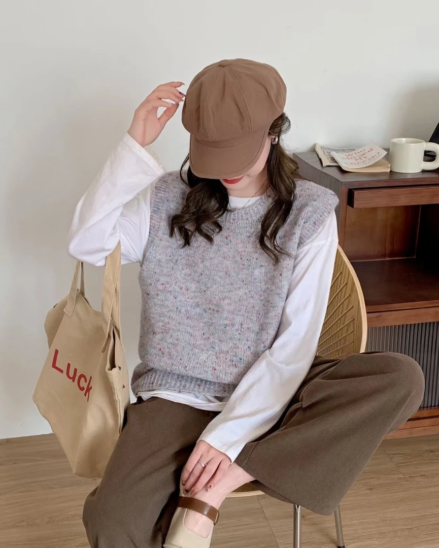 流萤点点/法式彩点纱 毛衣秋冬女灰色针织衫新款叠穿圆领马甲背心