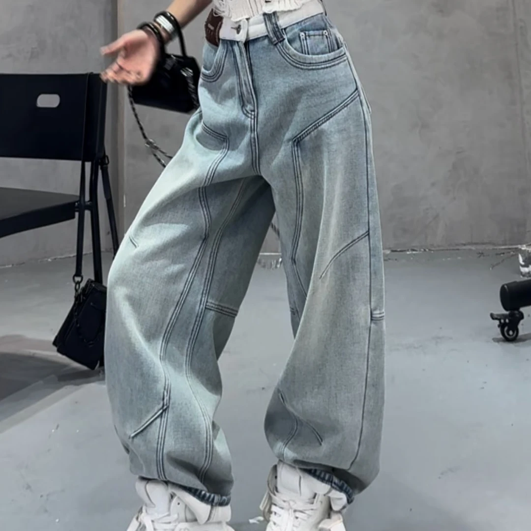 【大度定制】D095#加绒加厚拼接设计老爹牛仔裤