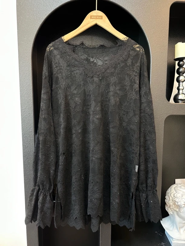 v领睫毛蕾丝收口上衣长袖针织衫打底衫时尚百搭套头女装镂空