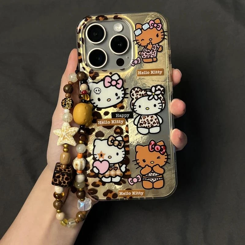 豹纹凯蒂猫手链适用苹果1516promax冰川纹手机壳华为oppo防摔时尚