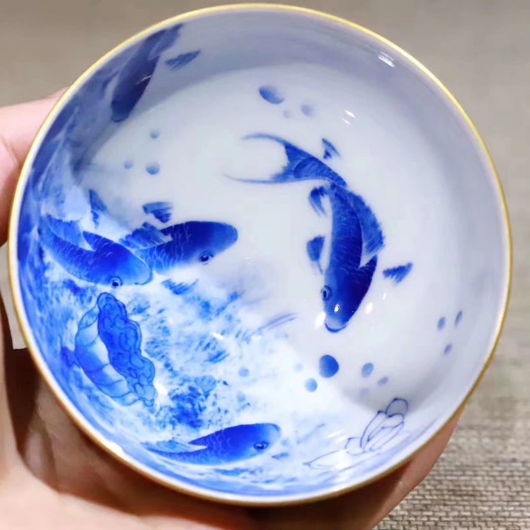 景德镇青花汾水工笔鱼手工普洱杯 现货只有青花杯子纯手工主人杯