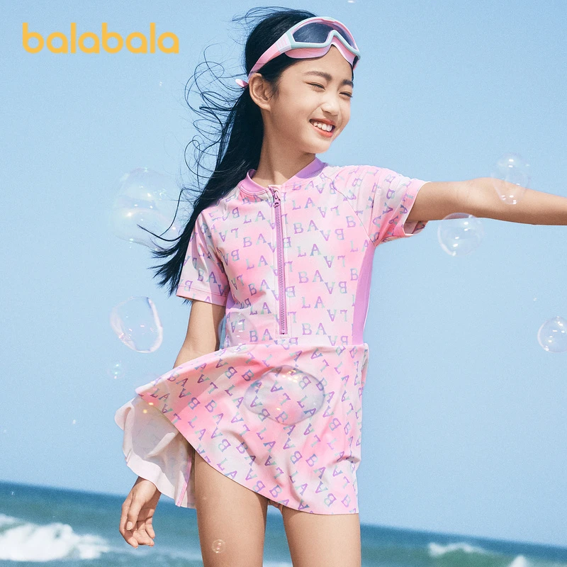 巴拉巴拉女童泳衣儿童泳装中大童连体泳装字母印花208224167006