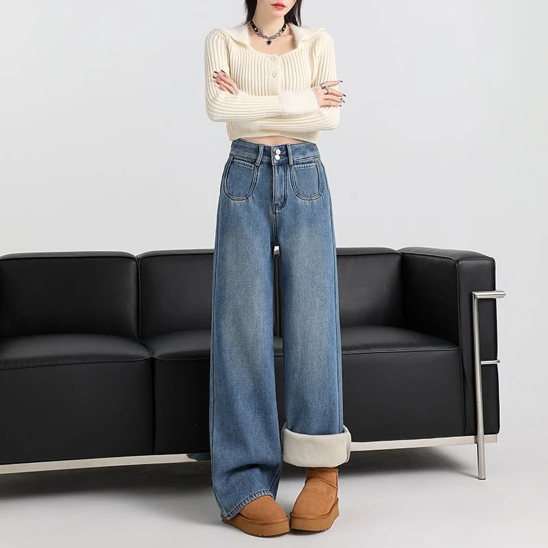 OUJU/偶句牛仔裤子女春夏季2024新款小个子直筒高腰阔腿牛仔裤