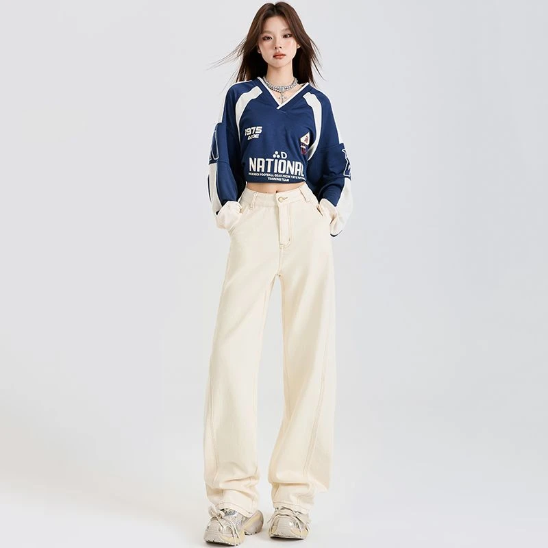 秋冬爆款牛仔裤女复古街头杏色深蓝防掉色高腰显瘦时尚弯刀裤潮流