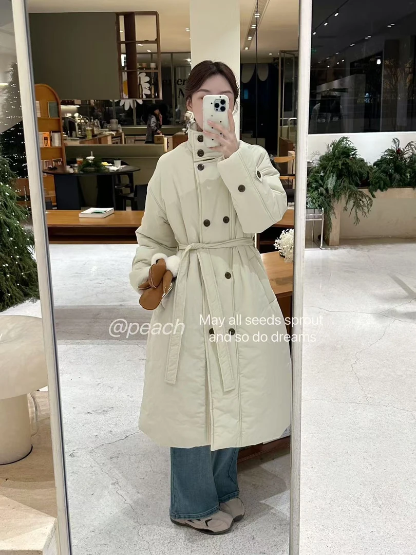 Peach自制  高级感重工立领双排扣夹棉长款大衣外套 10005