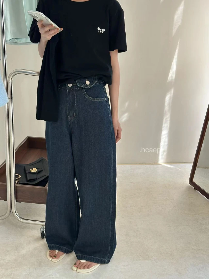 Peach自制  复古美式纽扣水洗牛仔阔腿裤 1613