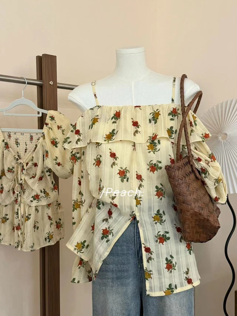 【P.Peach】韩版碎花一字肩开叉长袖小衫 9669