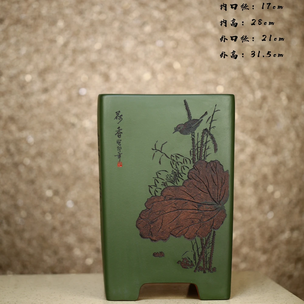 李超精品紫砂高温清水泥粉绿浆大四方刻绘兰花盆蕙兰盆景树桩