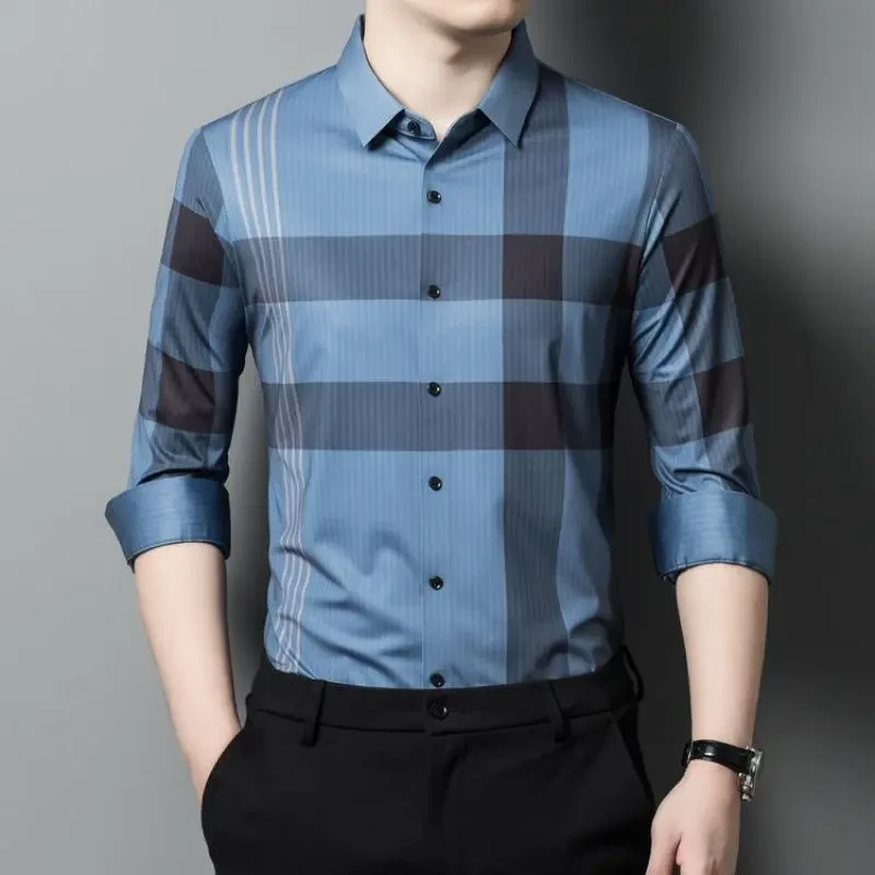 2024秋款无痕合体衬衣中年爸爸装长袖衬衫男休闲商务印花格子衬衫
