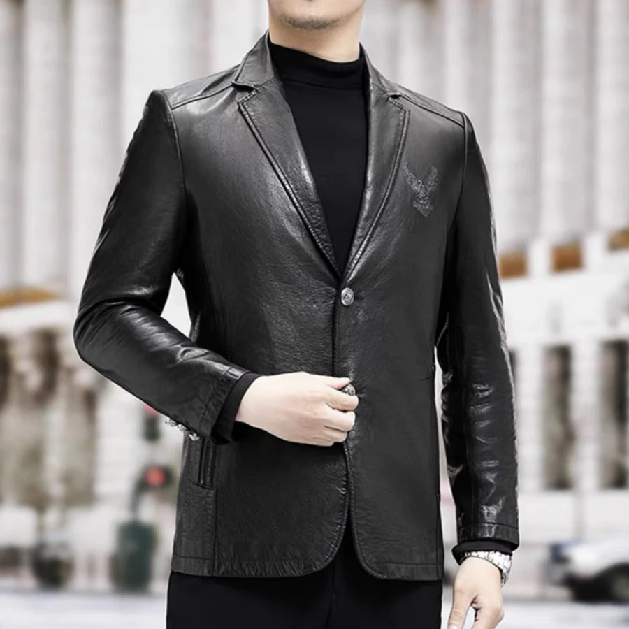 LANDI韩版西装高档修身绵羊皮秋冬真皮皮衣男士休闲复古西服外套