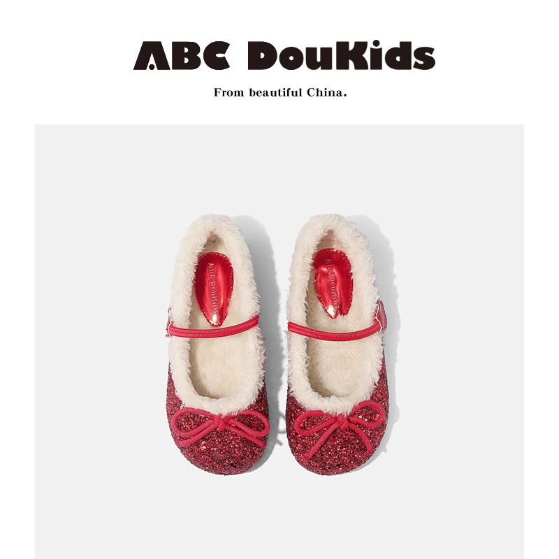ABC Doukids女童皮鞋2025秋冬季新款儿童加绒水晶公主鞋舒适棉鞋