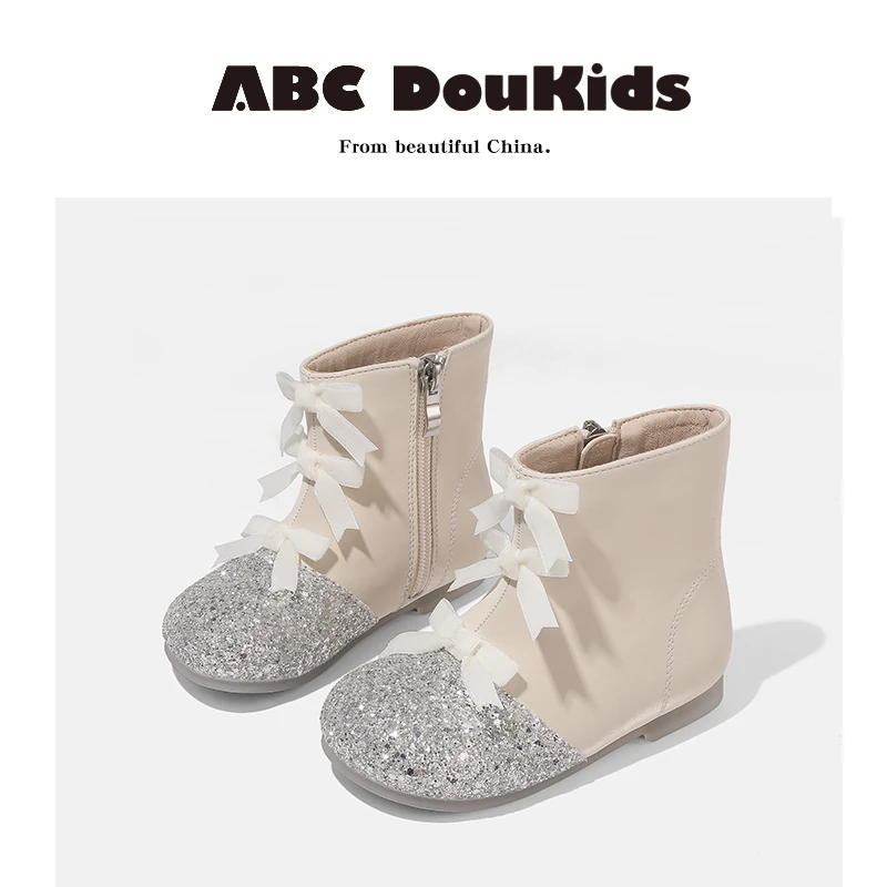 ABC Doukids女童皮靴2024秋冬季新款儿童蝴蝶结公主靴女宝马丁靴