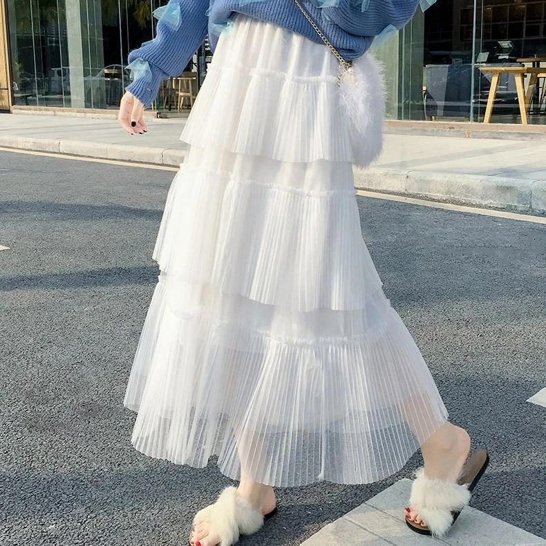 春秋新款网纱裙半身裙层层蛋糕裙中长款仙女裙高腰女网纱长裙百搭