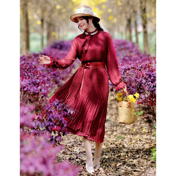 【红姐推荐】法式浪漫花园系列碎花系带印花长袖连衣裙(裙长120)