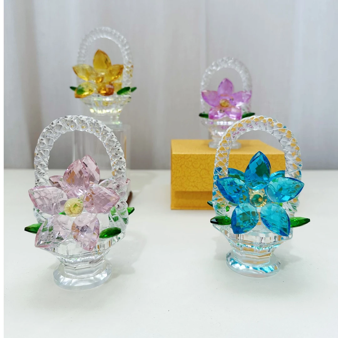 水晶小花篮摆件家用创意彩色精美装饰品