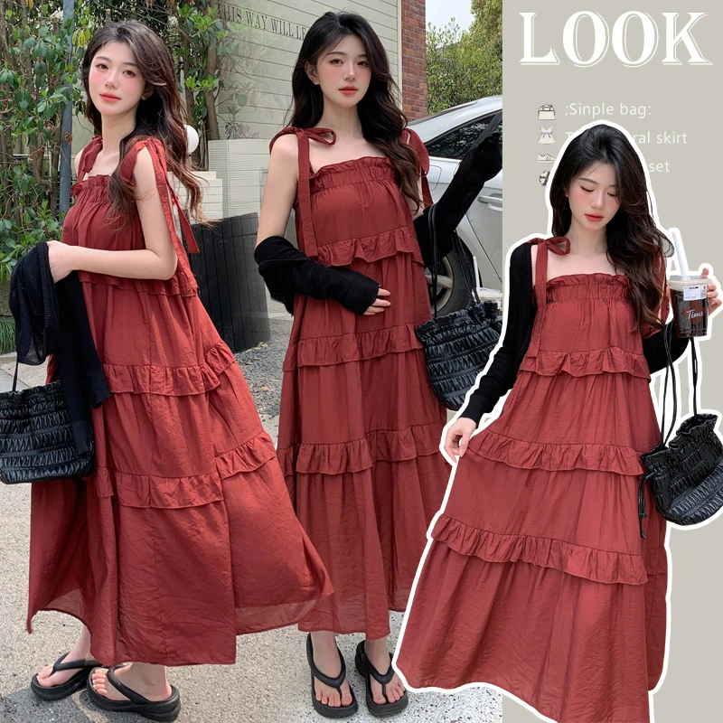 孕妇连衣裙夏季复古系带蛋糕吊带裙枣红色洋气孕妇装夏装防晒外套